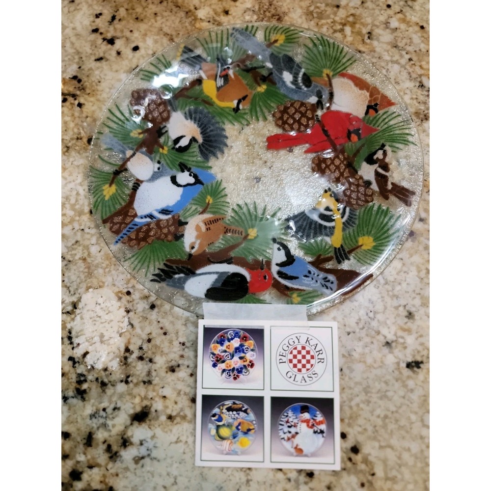 Peggy Karr Artist 11" Fused Art Glass Winter Festive Birds Pine Dinner Plate